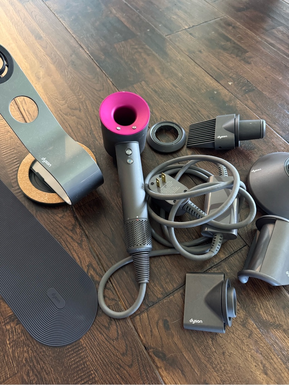Dyson Supersonic Hair Dryer in Iron and Fuscia with Stand and Attachments